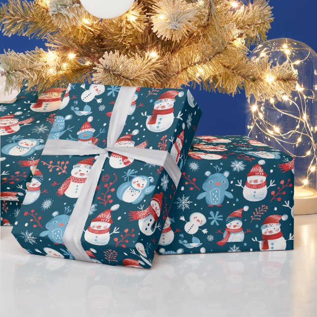 Snowmen Snowflakes Greenery Blue Christmas Wrapping Paper (Holidays)