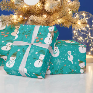 Snowmen Snowflakes Holly Leaves Green Christmas Wrapping Paper