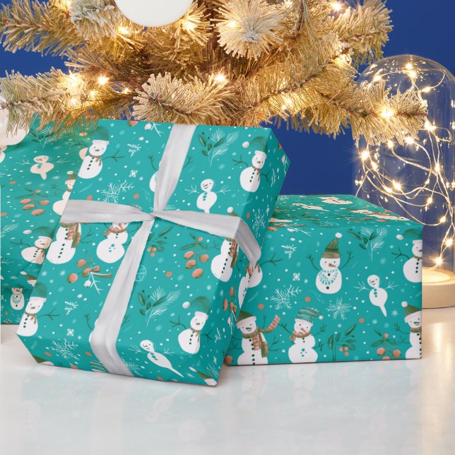Snowmen Snowflakes Holly Leaves Green Christmas Wrapping Paper (Holidays)
