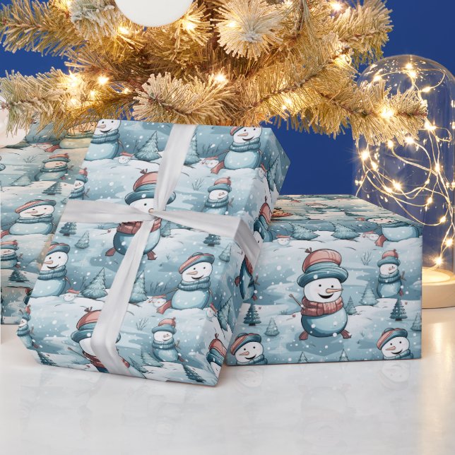 Snowmen Snowy Field Trees Ice Blue Christmas Wrapping Paper (Holidays)