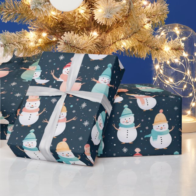 Snowmen trees Snowflakes Modern Christmas Wrapping Paper (Holidays)