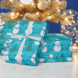 Snowmen trees Snowflakes Modern Christmas Wrapping Paper