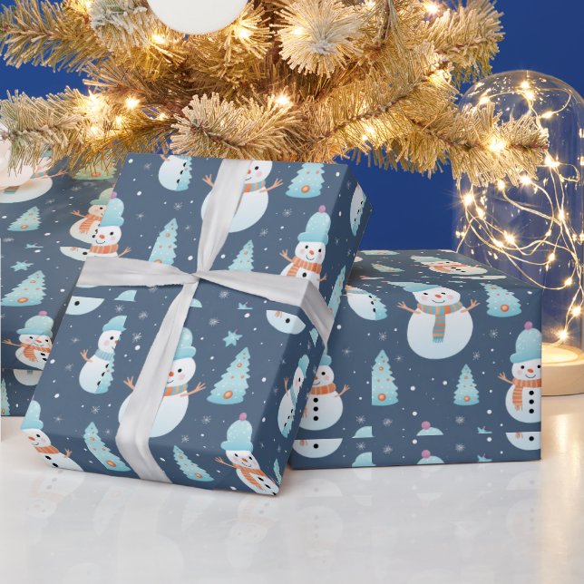 Snowmen Trees Snowflakes Modern Christmas Wrapping Paper (Holidays)