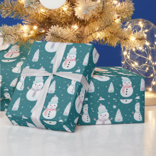 Snowmen Trees Snowflakes Modern Christmas Wrapping Paper