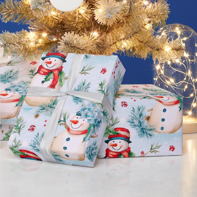 Snowmen Winter Berries Greenery Modern Christmas Wrapping Paper (Holidays)