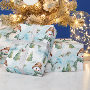 Snowmen Winter Berries Greenery Modern Christmas Wrapping Paper