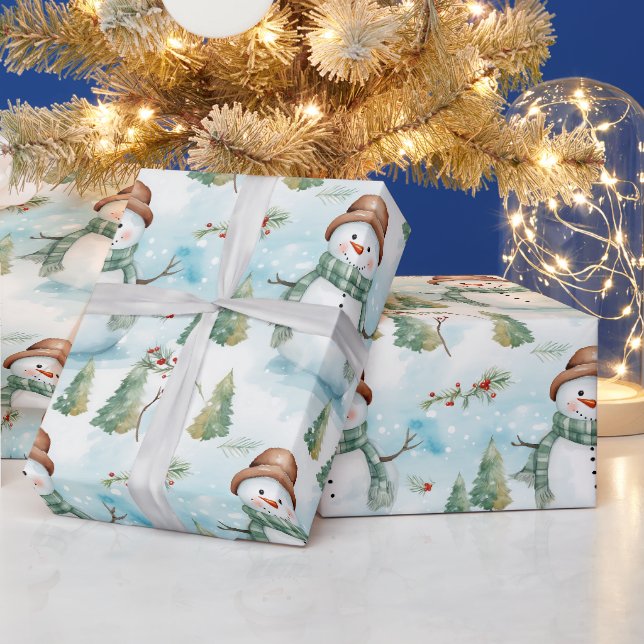 Snowmen Winter Berries Greenery Modern Christmas Wrapping Paper (Holidays)