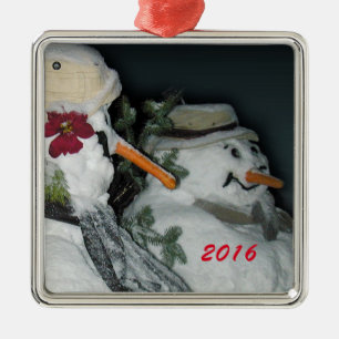 Snowmen Winter Photograph Metal Ornament