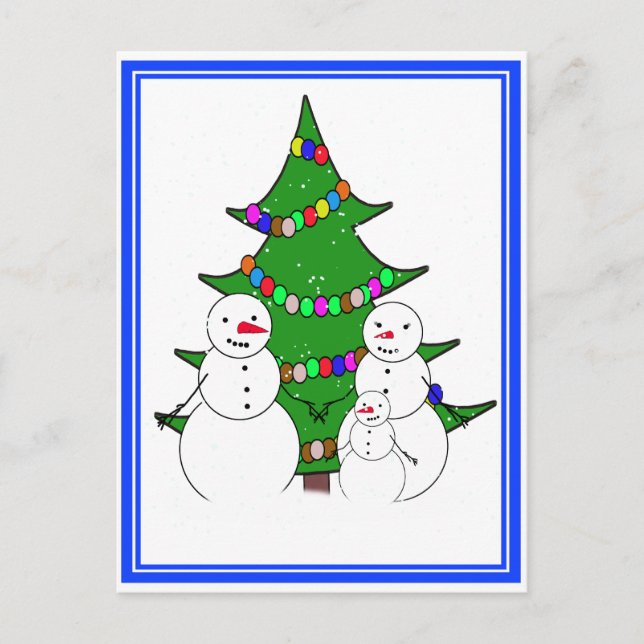Snowmen with Christmas Tree Family Holiday Postcard (Front)