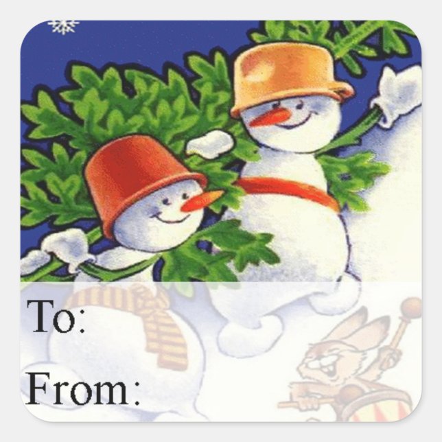 Snowmen With Christmas Tree Vintage Gift Tag (Front)