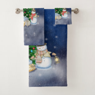 Snowmen with Gifts Under the Christmas Tree Bath Towel Set