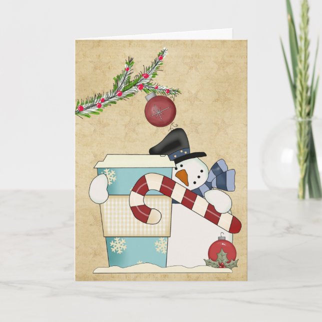 Snowmenj with coffee holiday card (Front)