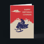 Snowmobile and Mountains Custom Message Card<br><div class="desc">Create a personalized birthday card for your favourite snowmobiler or create the perfect card for any occasion since the text on the front and the inside of this card is ready for your custom touch. This greeting card has a vintage style illustration of a snowmobile and rider in navy blue...</div>