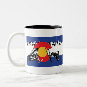 Snowmobile-and-skier-in-Colorado-Flag Two-Tone Coffee Mug