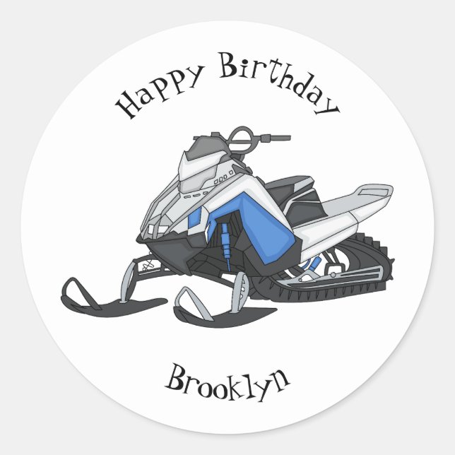Snowmobile cartoon illustration classic round sticker (Front)