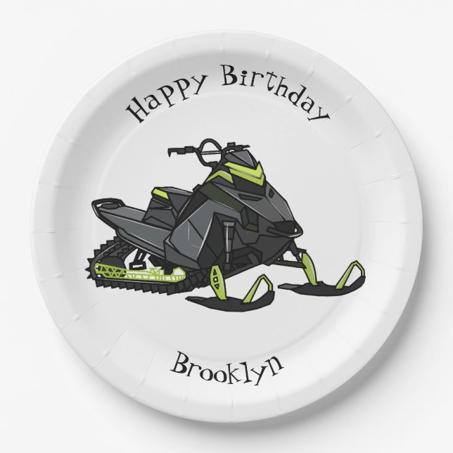 Snowmobile cartoon illustration paper plate (Front)