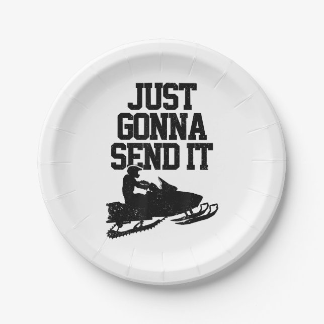 Snowmobile Just Gonna Send It Funny Motor Sled Gif Paper Plate (Front)