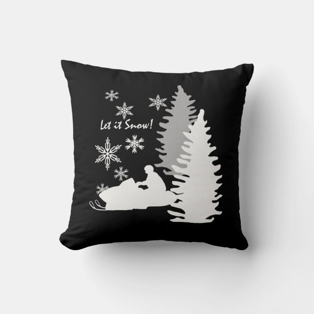 Snowmobile Let It Snow Black Throw Pillow (Front)