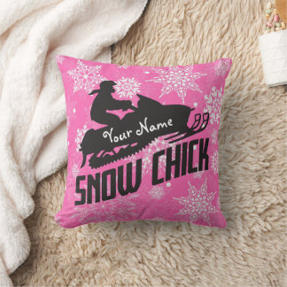 Snowmobile Snow Chick Pink Snowflake Throw Pillow
