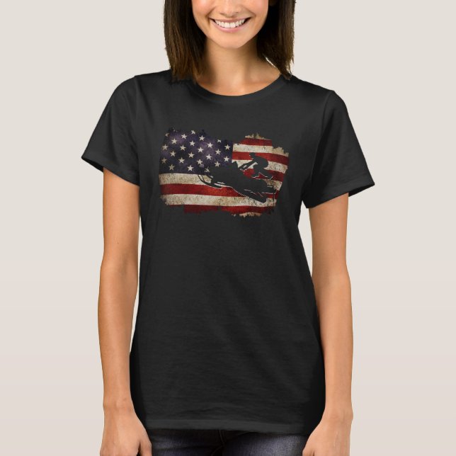 Snowmobile USA Flag Snow Sled Patriotic T-Shirt (Front)