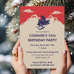 Snowmobile Winter Themed Boys Birthday Party Invitation<br><div class="desc">These custom party invitations have a vintage style illustration of a snowmobile with a rider against a red and cream coloured backdrop featuring some snow covered mountains, making them perfect for throwing parties for snowmobilers or any winter celebration. They're easy to customize with all of your party details. The reverse...</div>