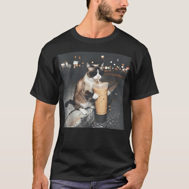 Snowshoe Cat Drinking Iced Coffee Funny T-Shirt (Front)