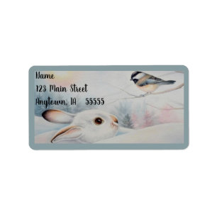 Snowshoe Rabbit & Chickadee Bird Watercolor Art Label
