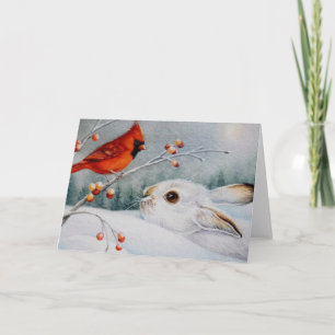 Snowshoe Rabbit & Red Cardinal Bird Watercolor Art Card