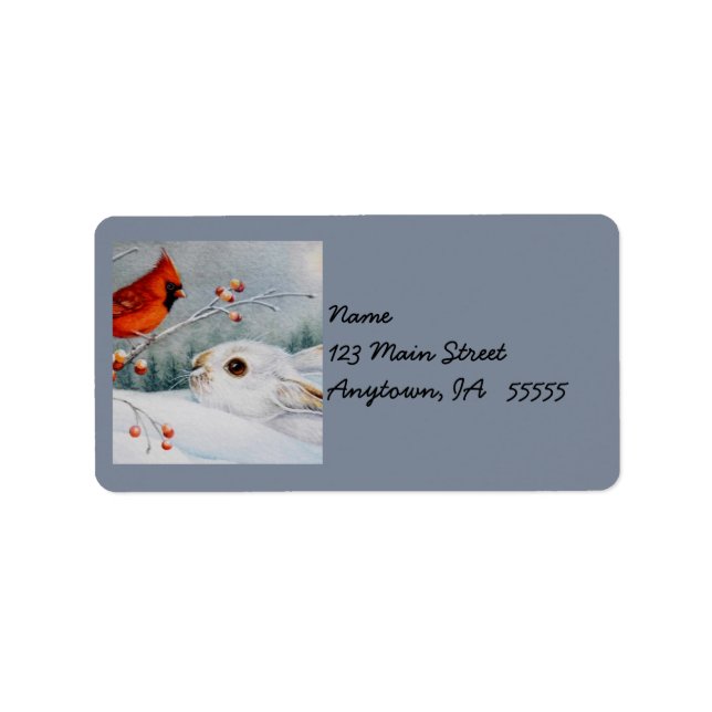 Snowshoe Rabbit & Red Cardinal Bird Watercolor Art Label (Front)