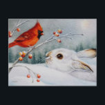 Snowshoe Rabbit & Red Cardinal Bird Watercolor Art Postcard<br><div class="desc">"Winter White Meets Regal Red" Watercolor Art Postcard by Artist Jean Weiner "Winter White Meets Regal Red" features a Snowshoe Rabbit and a Male Northern Cardinal greeting one another at dawn. The rabbit is nestled into a thick, white, blanket of snow. The Cardinal bird is perched on a branch with...</div>