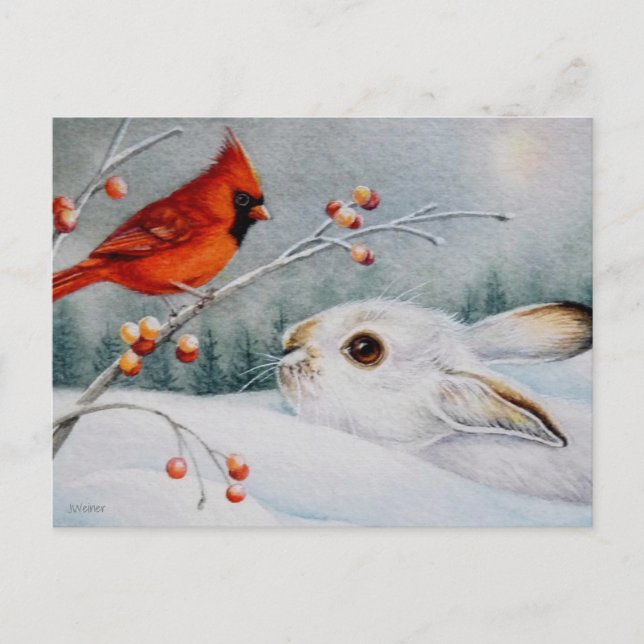 Snowshoe Rabbit & Red Cardinal Bird Watercolor Art Postcard (Front)