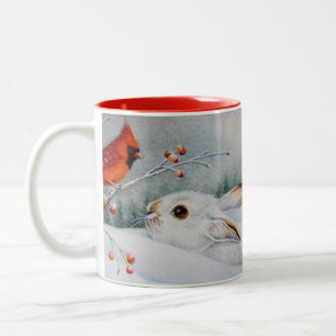 Snowshoe Rabbit & Red Cardinal Bird Watercolor Art Two-Tone Coffee Mug