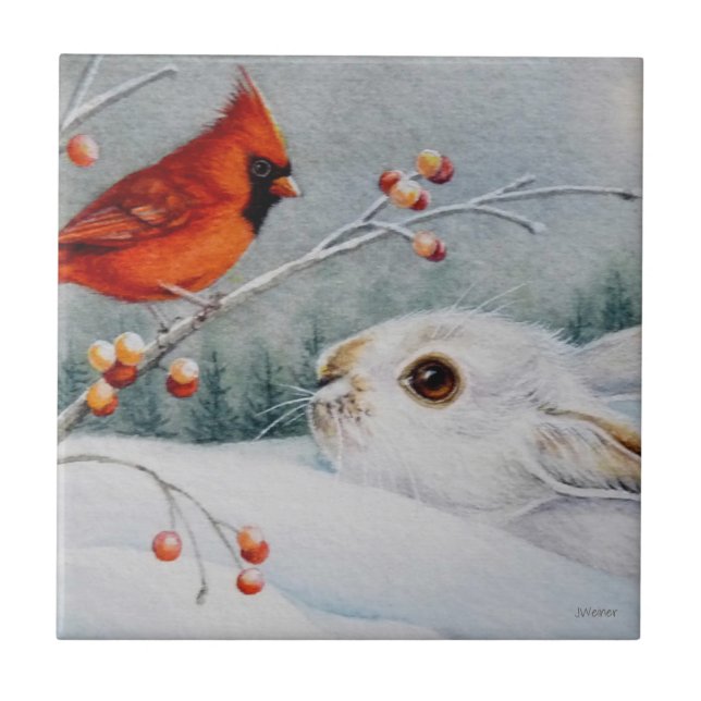 Snowshoe Rabbit & Red Cardinal Watercolor Art Cera Tile (Front)