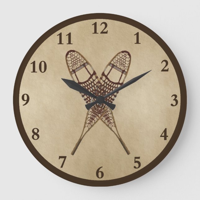 Snowshoes On Old Paper Large Clock (Front)
