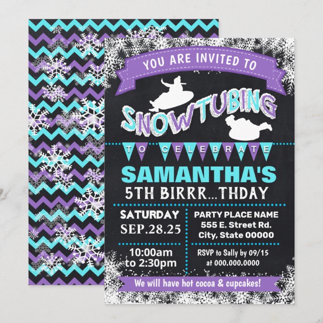 Snowtubing birthday party bash purple sleeding invitation (Front/Back)