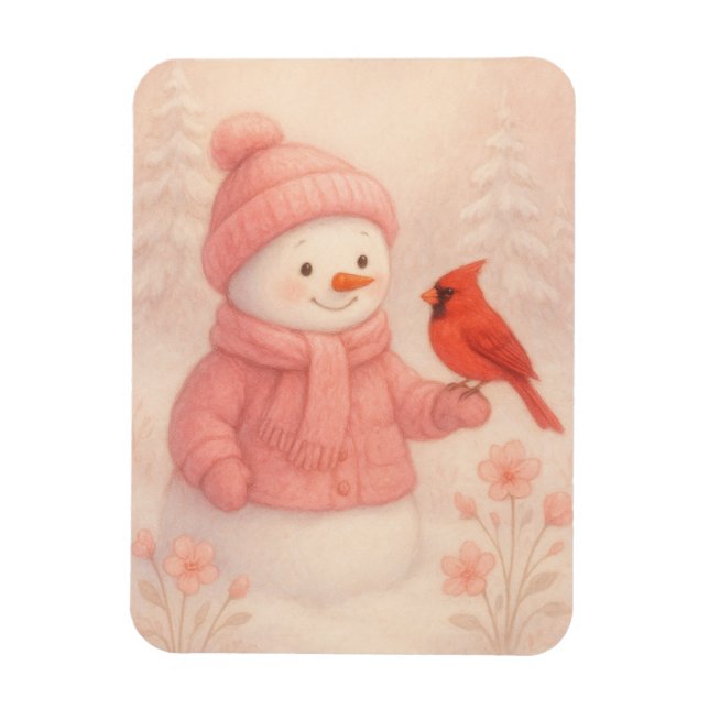 Snowwoman with Red Bird Christmas Magnet (Vertical)