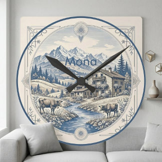 Snowy Alpine Blue Mountain Landscape Rustic Chalet Round Clock
