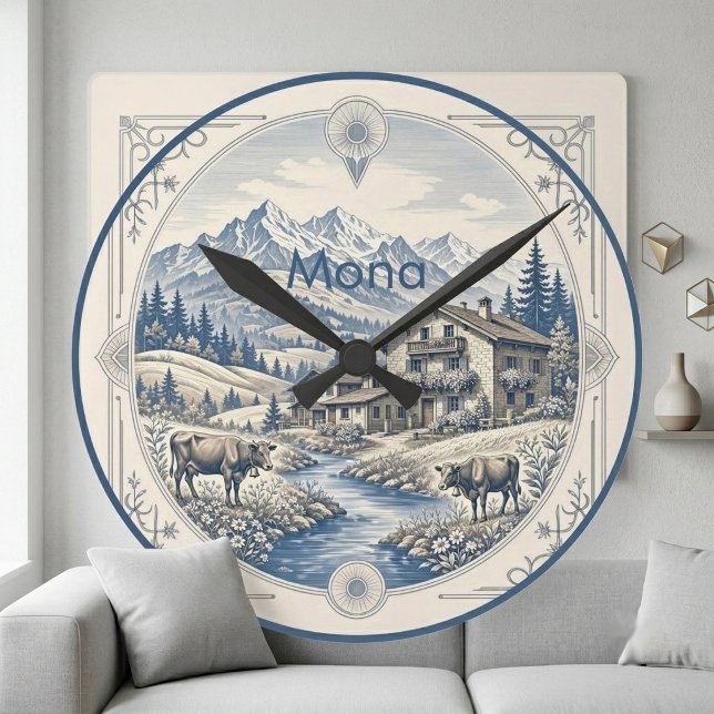 Snowy Alpine Blue Mountain Landscape Rustic Chalet Round Clock (Snowy Alpine Blue Mountain Landscape Rustic Chalet Round Clock)