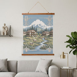 Snowy Alpine Clouds Pine Trees Country Meadow Blue Hanging Tapestry