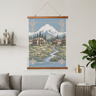 Snowy Alpine Clouds Pine Trees Country Meadow Blue Hanging Tapestry
