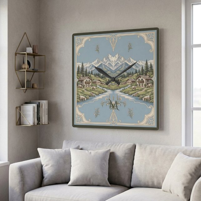 Snowy Alpine Mountain Landscape French Rustic Blue Square Wall Clock (Snowy Alpine Mountain Landscape French Rustic Blue Square Wall Clock)