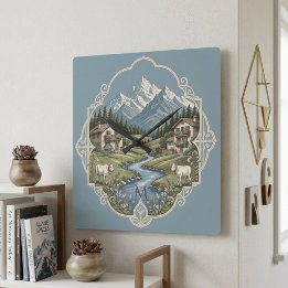 Snowy Alpine Mountain Landscape Rustic Chalet Blue Square Wall Clock