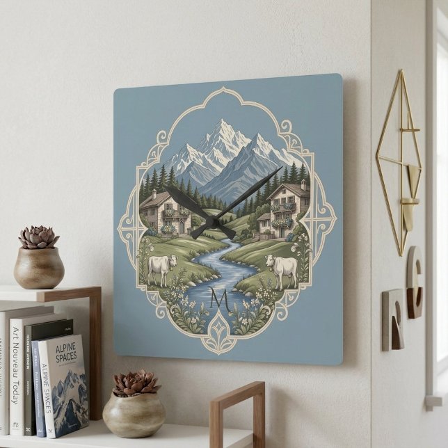 Snowy Alpine Mountain Landscape Rustic Chalet Blue Square Wall Clock (Snowy Alpine Mountain Landscape Rustic Chalet Blue Square Wall Clock)