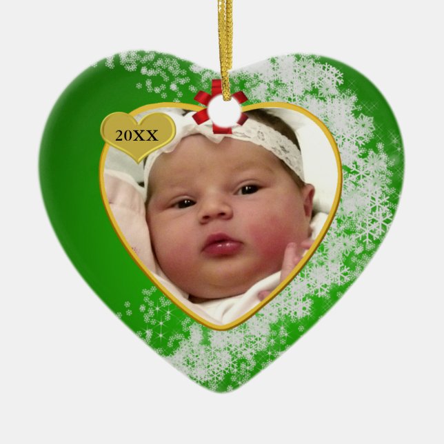 Snowy and Green Gold New Baby Photo Christmas Ceramic Ornament (Front)