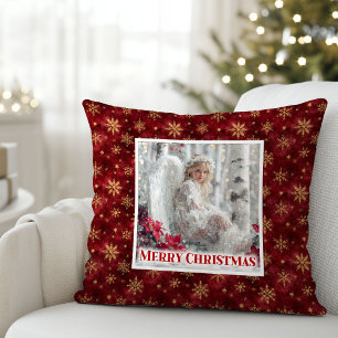 Snowy Angel Red Poinsettia Christmas Pillow Gift
