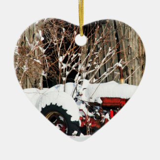 Snowy Antique Tractor Ceramic Ornament