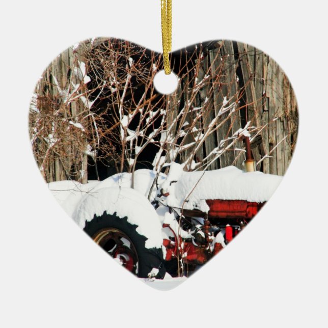 Snowy Antique Tractor Ceramic Ornament (Front)