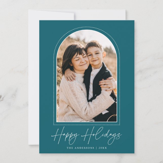 Snowy Arch Teal Happy Holidays Photo Holiday Card (Front)