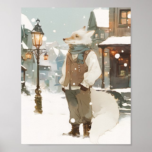 Snowy Arctic Fox Watercolor Portrait with Scarf Poster (Front)