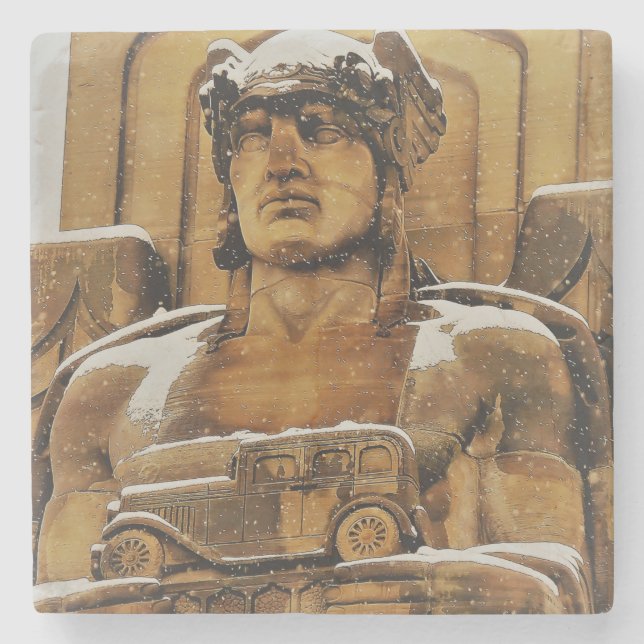 Snowy Art Deco Statue Stone Coaster (Front)